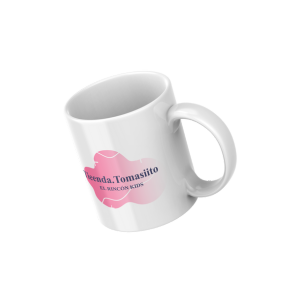 a white mug with a pink logo